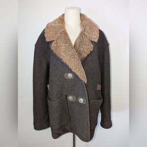 Gieger Brown Wool Double Breasted Jacket With Removable Lambs wool Collar